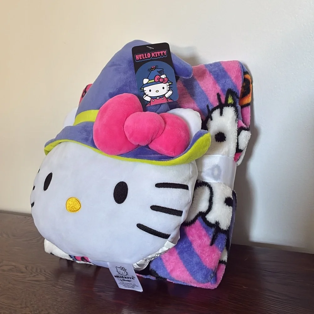 NWT- Halloween Hello Kitty Witch Hat Pillow Plush & Throw Blanket 45x55 Set